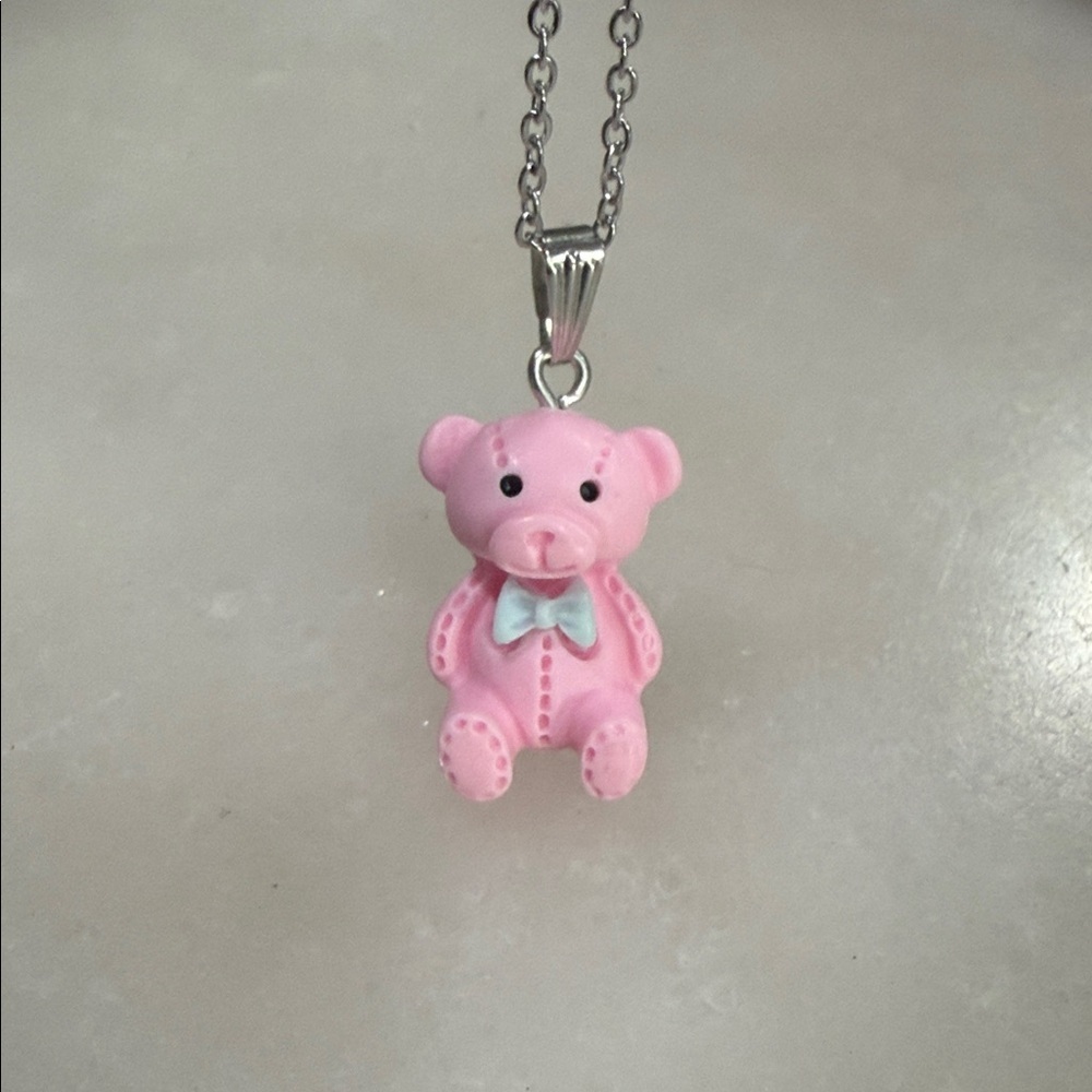 Pink Teddy Bear Pendant Necklace with Bow Accent